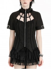 Black Personality Spider Web Hollow Design Metal Spider Zipper Collar Lace Splicing Punk Style Shirt