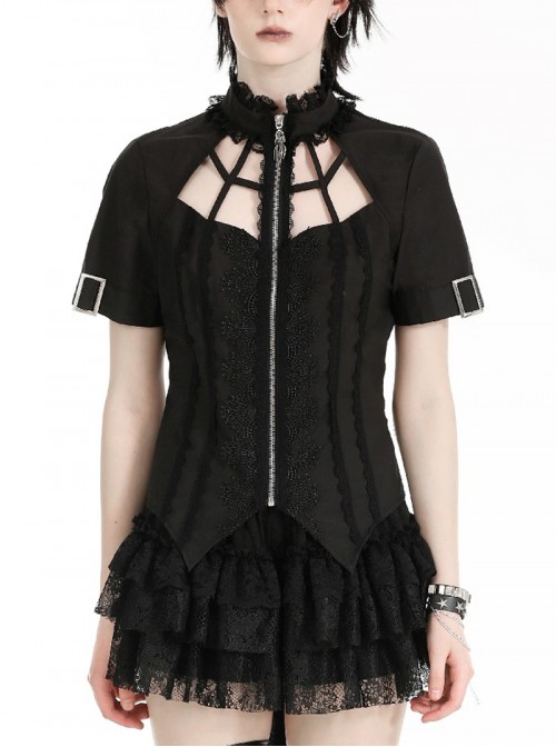 Black Personality Spider Web Hollow Design Metal Spider Zipper Collar Lace Splicing Punk Style Shirt