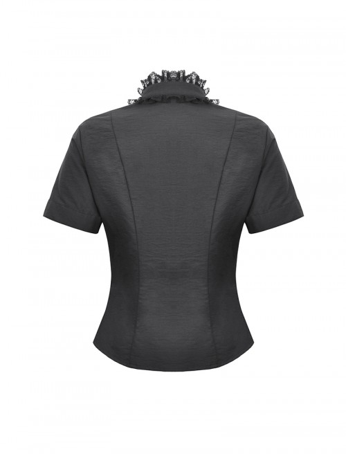 Black Personality Spider Web Hollow Design Metal Spider Zipper Collar Lace Splicing Punk Style Shirt