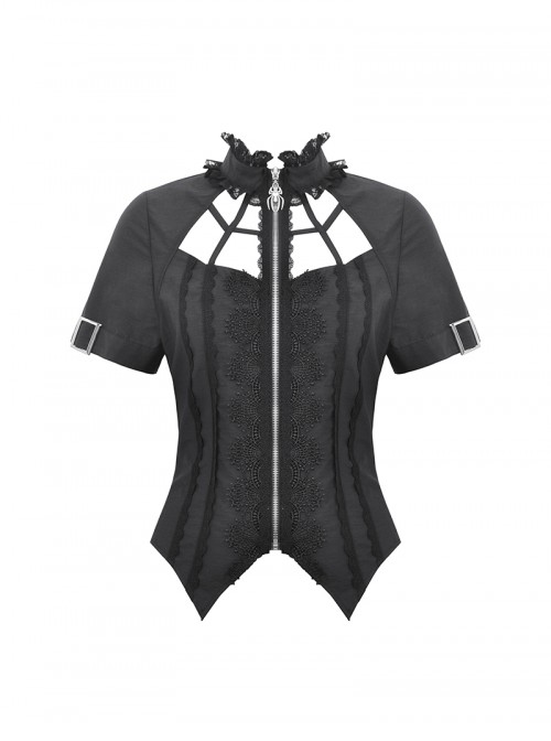 Black Personality Spider Web Hollow Design Metal Spider Zipper Collar Lace Splicing Punk Style Shirt