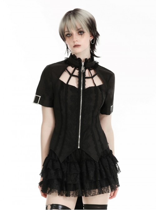 Black Personality Spider Web Hollow Design Metal Spider Zipper Collar Lace Splicing Punk Style Shirt