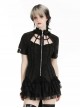 Black Personality Spider Web Hollow Design Metal Spider Zipper Collar Lace Splicing Punk Style Shirt