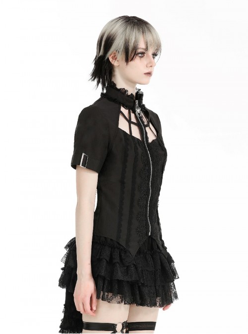 Black Personality Spider Web Hollow Design Metal Spider Zipper Collar Lace Splicing Punk Style Shirt