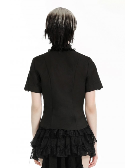 Black Personality Spider Web Hollow Design Metal Spider Zipper Collar Lace Splicing Punk Style Shirt