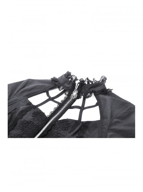 Black Personality Spider Web Hollow Design Metal Spider Zipper Collar Lace Splicing Punk Style Shirt