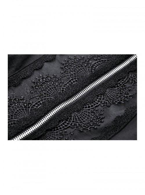Black Personality Spider Web Hollow Design Metal Spider Zipper Collar Lace Splicing Punk Style Shirt
