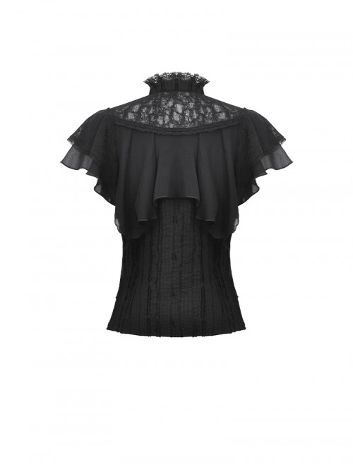Unique Black Mock Two Piece Design Exquisite Mesh Lace Splicing Rose Decoration Gothic Style Shirt