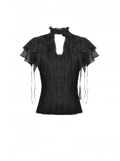 Unique Black Mock Two Piece Design Exquisite Mesh Lace Splicing Rose Decoration Gothic Style Shirt
