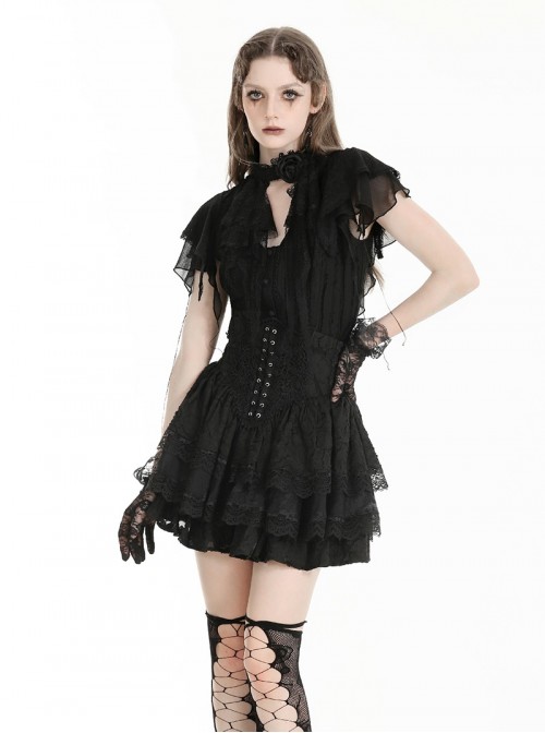 Unique Black Mock Two Piece Design Exquisite Mesh Lace Splicing Rose Decoration Gothic Style Shirt