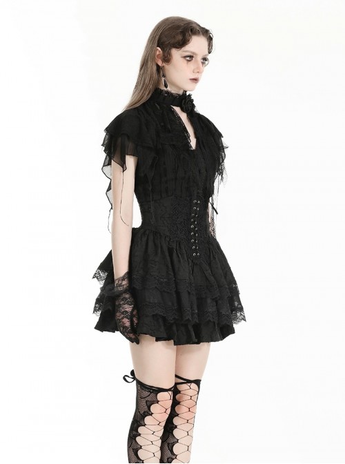 Unique Black Mock Two Piece Design Exquisite Mesh Lace Splicing Rose Decoration Gothic Style Shirt