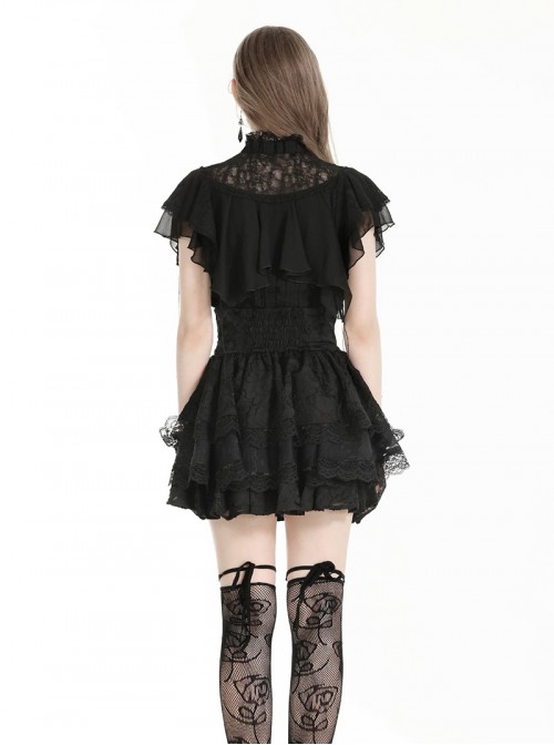 Unique Black Mock Two Piece Design Exquisite Mesh Lace Splicing Rose Decoration Gothic Style Shirt