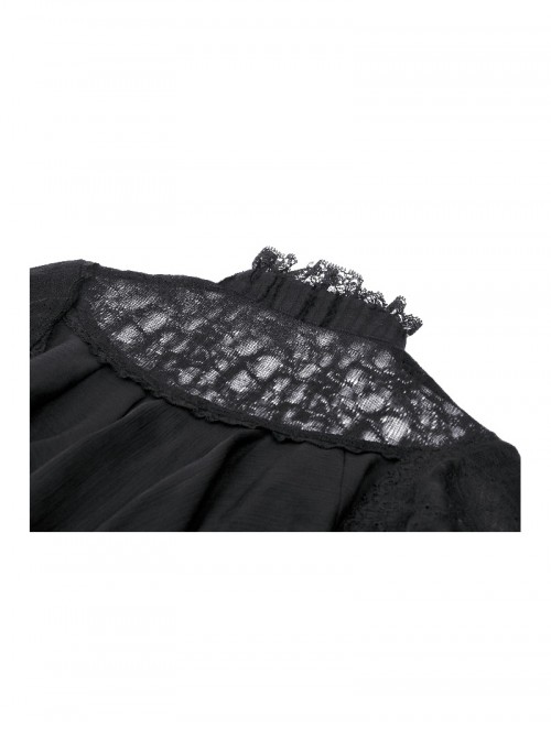 Unique Black Mock Two Piece Design Exquisite Mesh Lace Splicing Rose Decoration Gothic Style Shirt