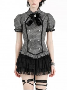 College Style Black White Striped Hem Ruffle Stitching Retro Puff Sleeves Design Gothic Style Shirt