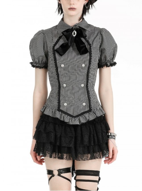College Style Black White Striped Hem Ruffle Stitching Retro Puff Sleeves Design Gothic Style Shirt