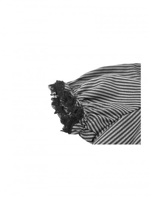 College Style Black White Striped Hem Ruffle Stitching Retro Puff Sleeves Design Gothic Style Shirt