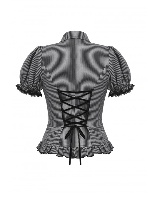 College Style Black White Striped Hem Ruffle Stitching Retro Puff Sleeves Design Gothic Style Shirt