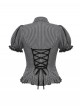 College Style Black White Striped Hem Ruffle Stitching Retro Puff Sleeves Design Gothic Style Shirt