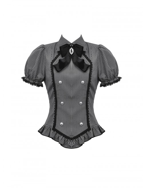 College Style Black White Striped Hem Ruffle Stitching Retro Puff Sleeves Design Gothic Style Shirt