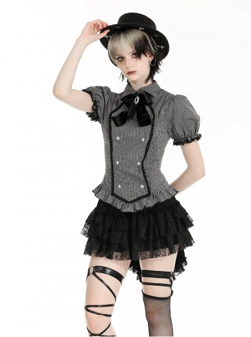 College Style Black White Striped Hem Ruffle Stitching Retro Puff Sleeves Design Gothic Style Shirt