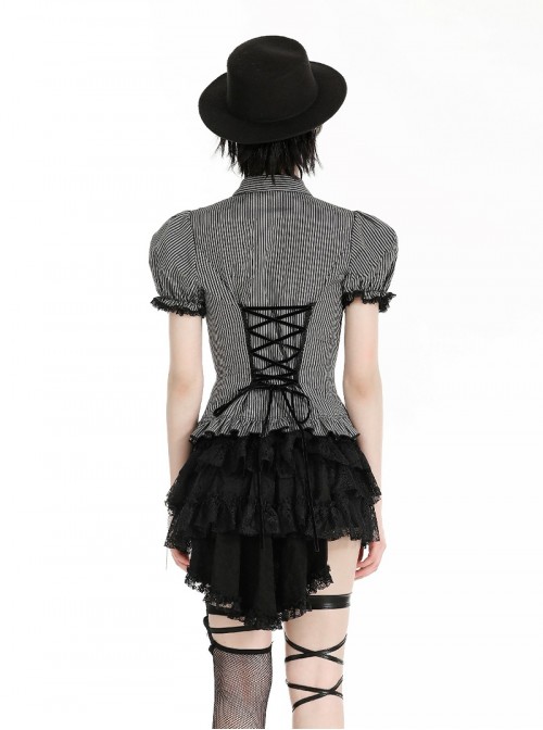 College Style Black White Striped Hem Ruffle Stitching Retro Puff Sleeves Design Gothic Style Shirt