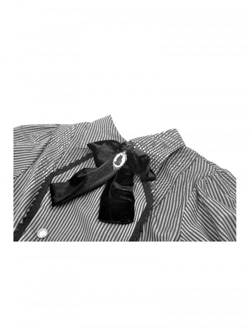College Style Black White Striped Hem Ruffle Stitching Retro Puff Sleeves Design Gothic Style Shirt