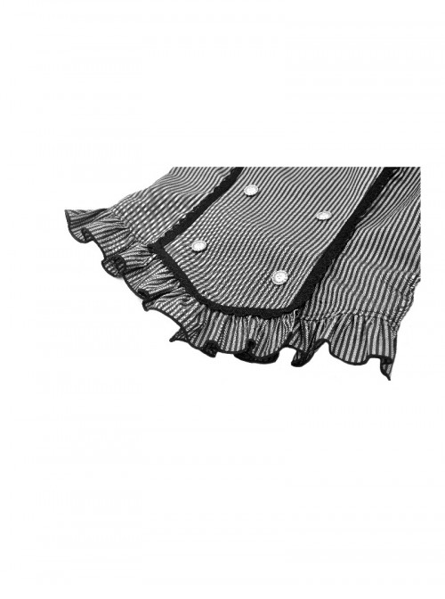 College Style Black White Striped Hem Ruffle Stitching Retro Puff Sleeves Design Gothic Style Shirt