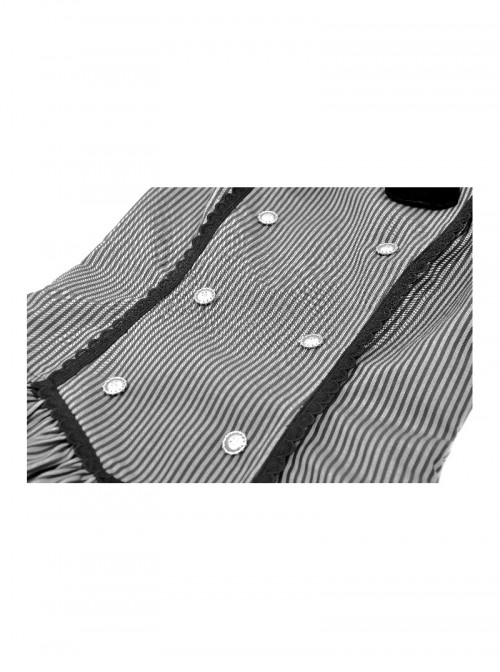 College Style Black White Striped Hem Ruffle Stitching Retro Puff Sleeves Design Gothic Style Shirt