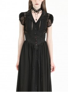 Black Sexy Lace Hollow Stitching Elegant Lapel Design Gothic Style Slim Top