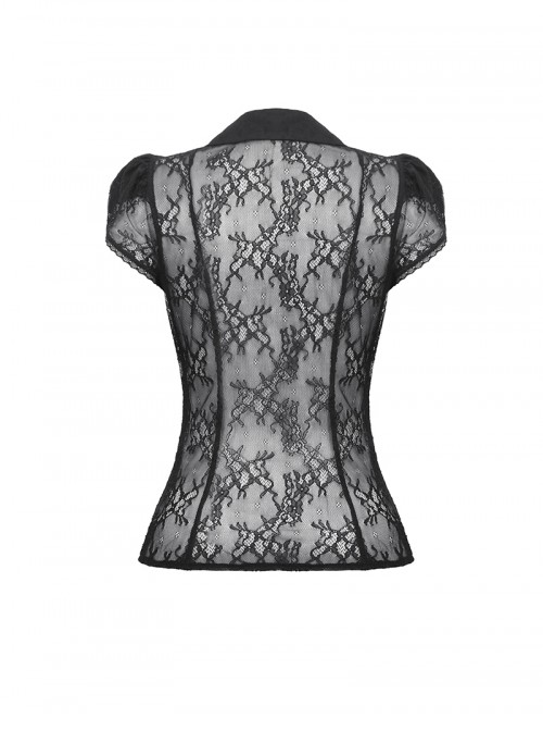 Black Sexy Lace Hollow Stitching Elegant Lapel Design Gothic Style Slim Top