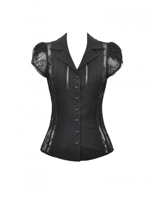 Black Sexy Lace Hollow Stitching Elegant Lapel Design Gothic Style Slim Top