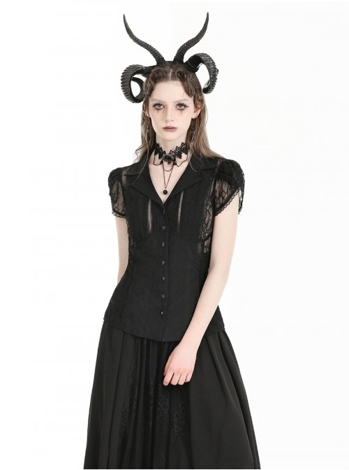 Black Sexy Lace Hollow Stitching Elegant Lapel Design Gothic Style Slim Top