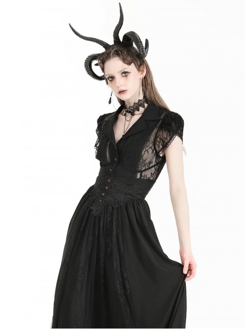 Black Sexy Lace Hollow Stitching Elegant Lapel Design Gothic Style Slim Top