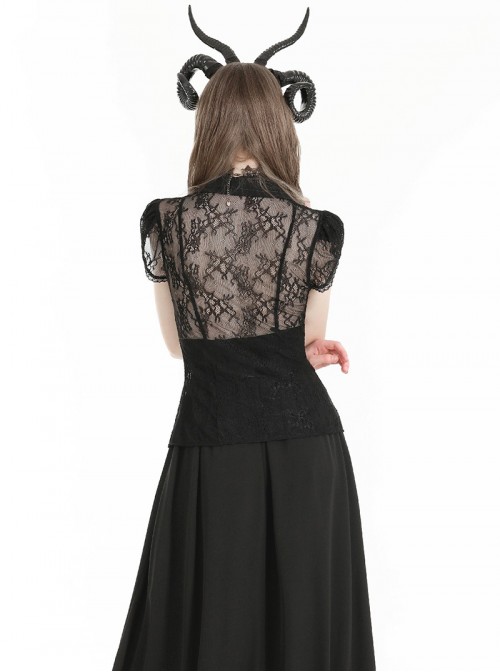 Black Sexy Lace Hollow Stitching Elegant Lapel Design Gothic Style Slim Top