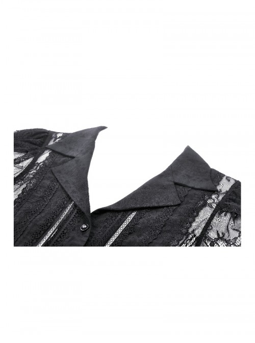 Black Sexy Lace Hollow Stitching Elegant Lapel Design Gothic Style Slim Top