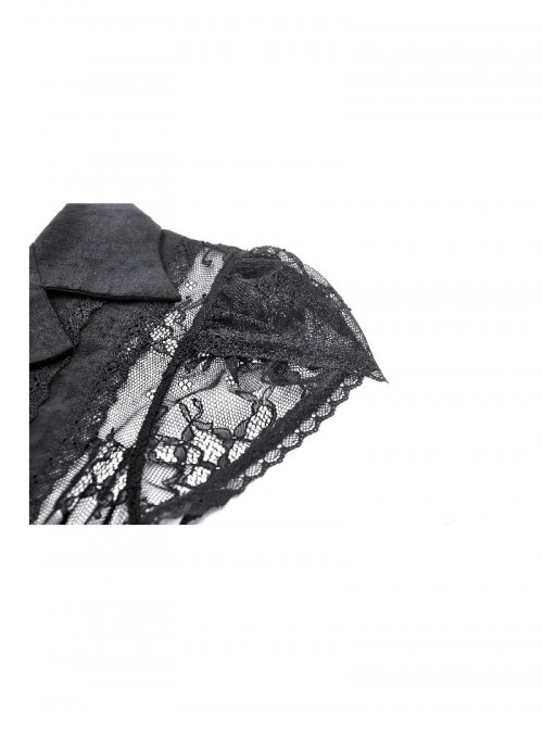 Black Sexy Lace Hollow Stitching Elegant Lapel Design Gothic Style Slim Top