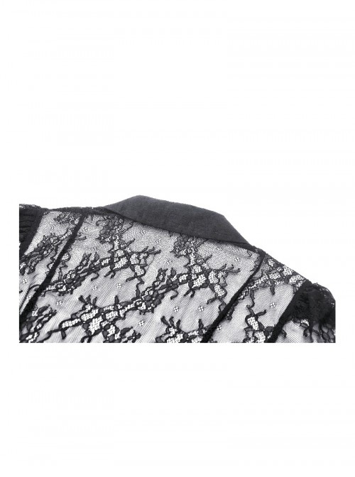 Black Sexy Lace Hollow Stitching Elegant Lapel Design Gothic Style Slim Top