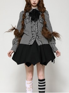 Unique Black White Stripes Exquisite Ruffle Stitching Lace Skull Scarf Decoration Gothic Style Loose Shirt
