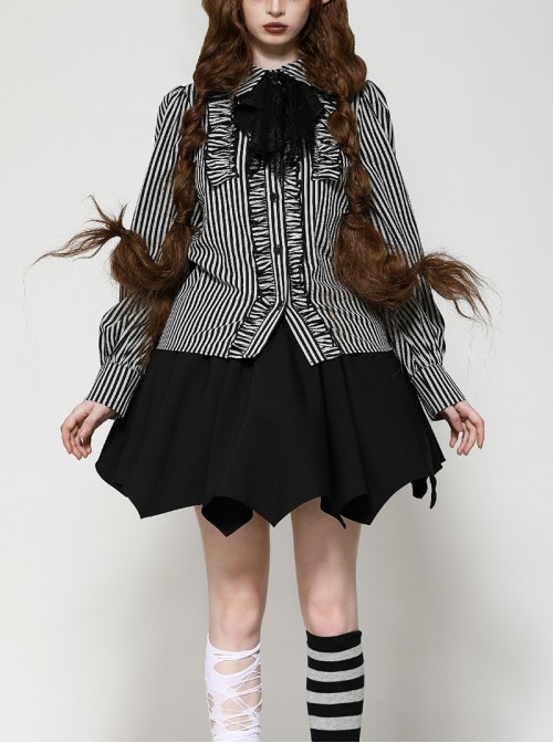 Unique Black White Stripes Exquisite Ruffle Stitching Lace Skull Scarf Decoration Gothic Style Loose Shirt