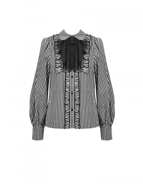 Unique Black White Stripes Exquisite Ruffle Stitching Lace Skull Scarf Decoration Gothic Style Loose Shirt