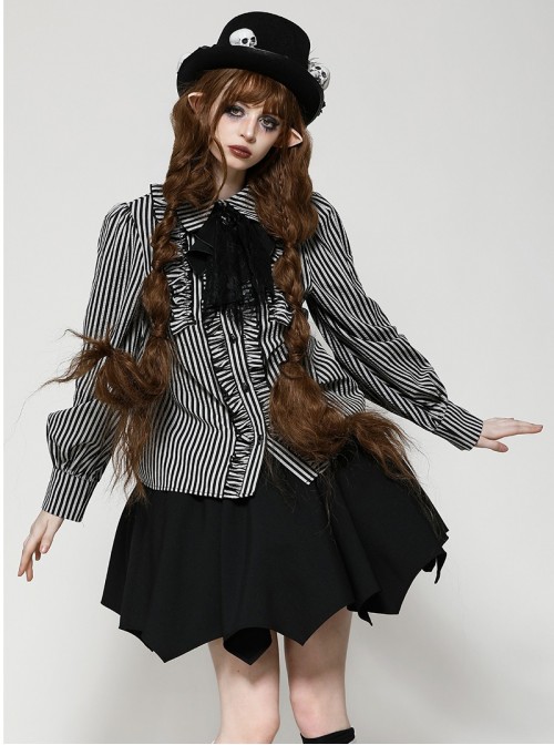 Unique Black White Stripes Exquisite Ruffle Stitching Lace Skull Scarf Decoration Gothic Style Loose Shirt