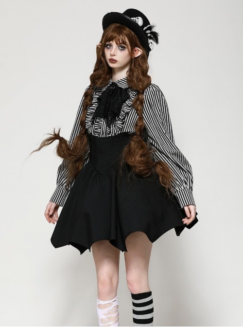 Unique Black White Stripes Exquisite Ruffle Stitching Lace Skull Scarf Decoration Gothic Style Loose Shirt