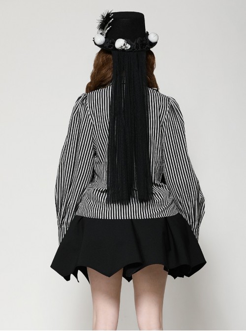 Unique Black White Stripes Exquisite Ruffle Stitching Lace Skull Scarf Decoration Gothic Style Loose Shirt