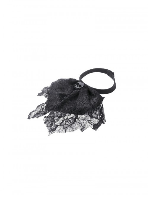 Unique Black White Stripes Exquisite Ruffle Stitching Lace Skull Scarf Decoration Gothic Style Loose Shirt