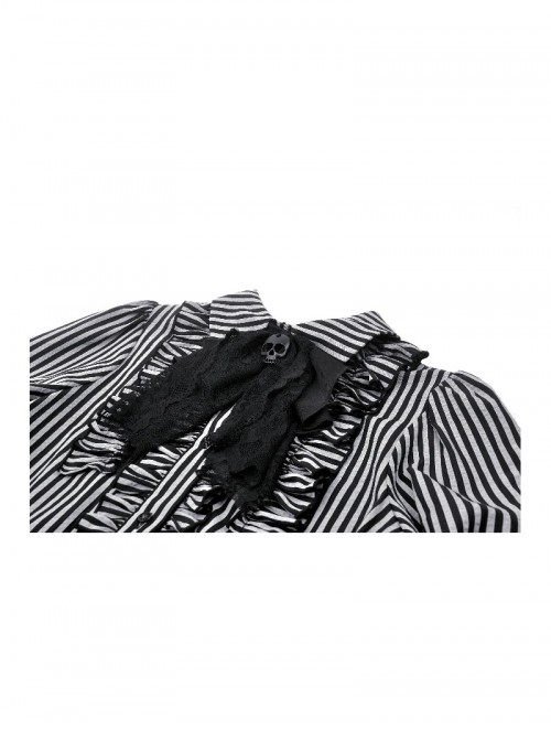 Unique Black White Stripes Exquisite Ruffle Stitching Lace Skull Scarf Decoration Gothic Style Loose Shirt