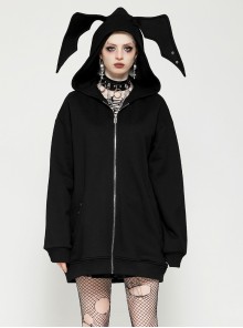 Dark Black Devil Rabbit Ears Shape Cool Metal Rivet Decoration Punk Style Loose Hooded Cardigan