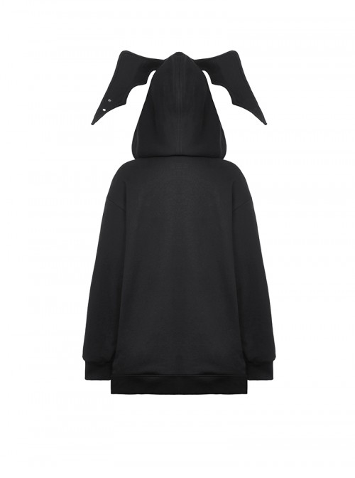 Dark Black Devil Rabbit Ears Shape Cool Metal Rivet Decoration Punk Style Loose Hooded Cardigan