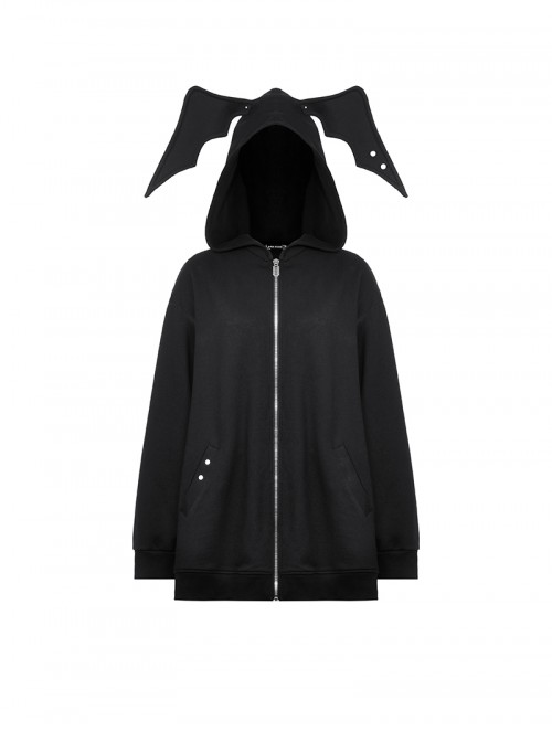 Dark Black Devil Rabbit Ears Shape Cool Metal Rivet Decoration Punk Style Loose Hooded Cardigan