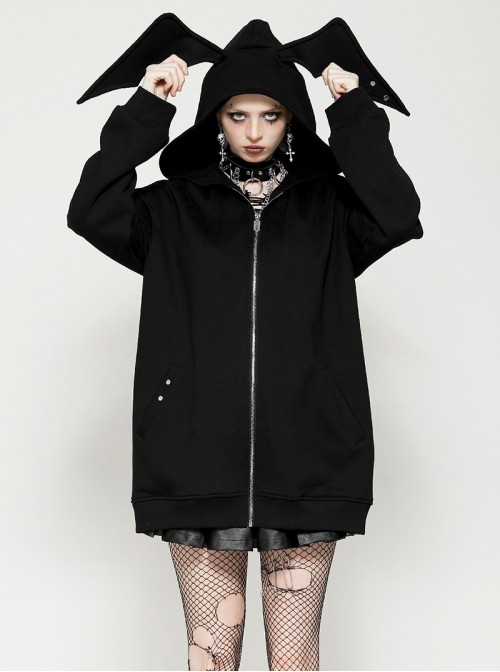 Dark Black Devil Rabbit Ears Shape Cool Metal Rivet Decoration Punk Style Loose Hooded Cardigan