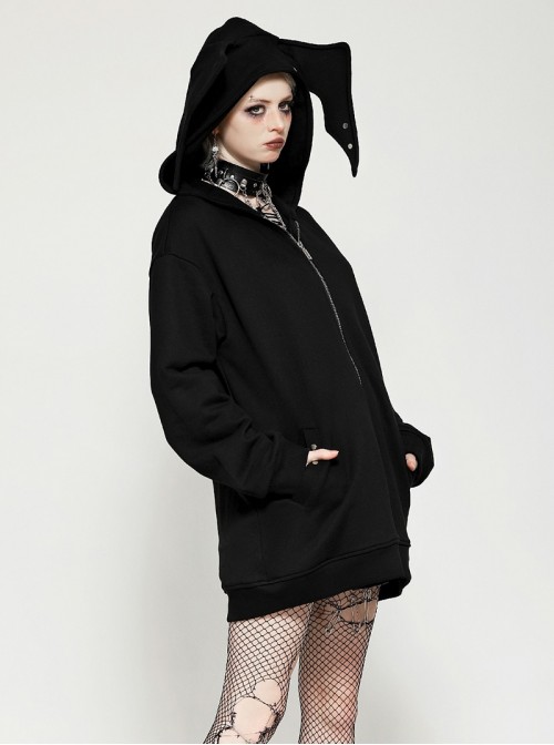 Dark Black Devil Rabbit Ears Shape Cool Metal Rivet Decoration Punk Style Loose Hooded Cardigan