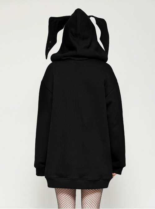 Dark Black Devil Rabbit Ears Shape Cool Metal Rivet Decoration Punk Style Loose Hooded Cardigan